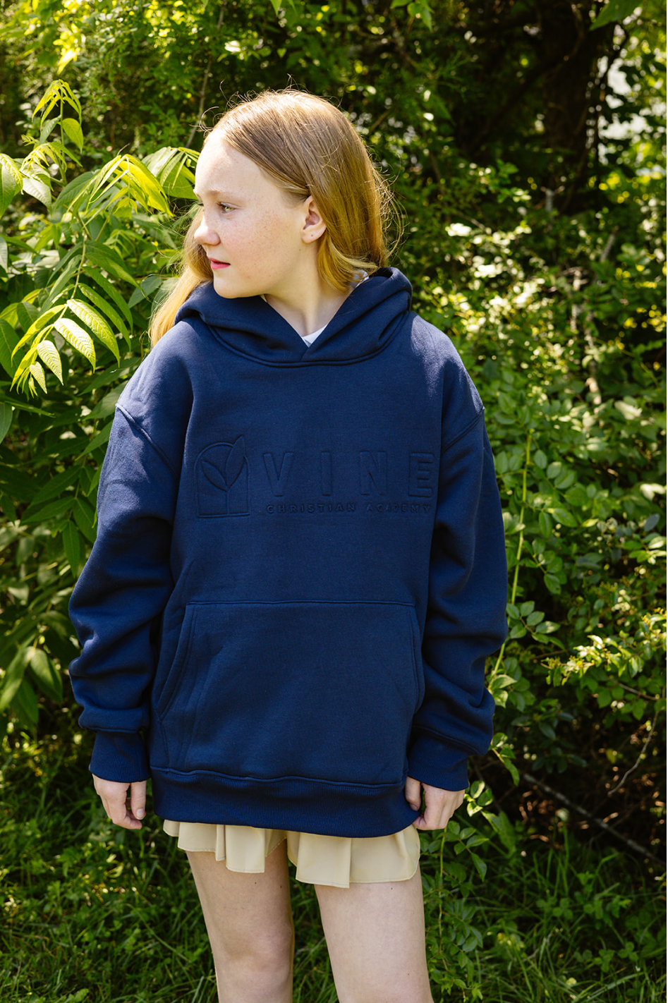 Embossed Navy Hooded Sweatshirt (Adult Sizes Only)